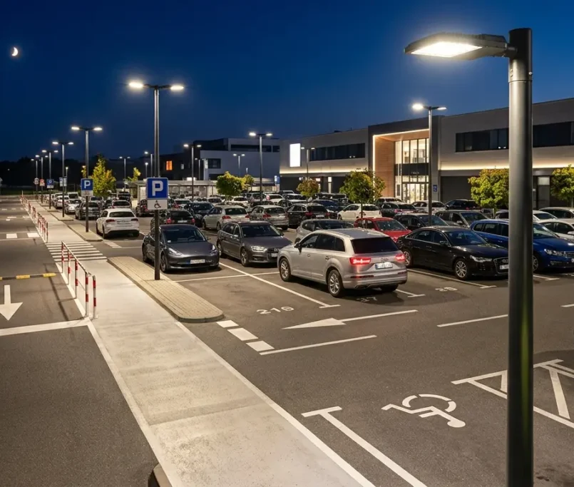 Oświetlony parking o zmierzchu z rzędem latarni LED i oznakowanymi miejscami postojowymi