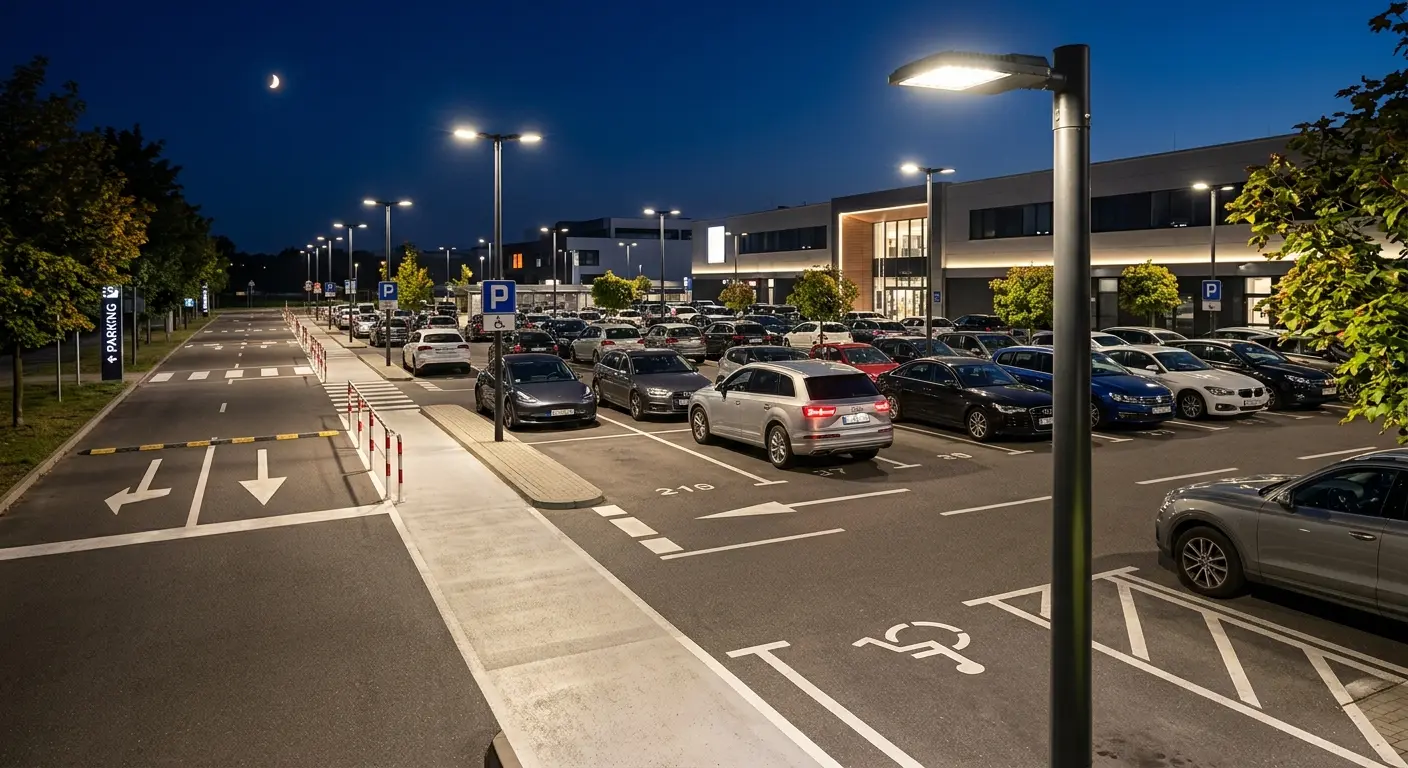 Oświetlony parking o zmierzchu z rzędem latarni LED i oznakowanymi miejscami postojowymi